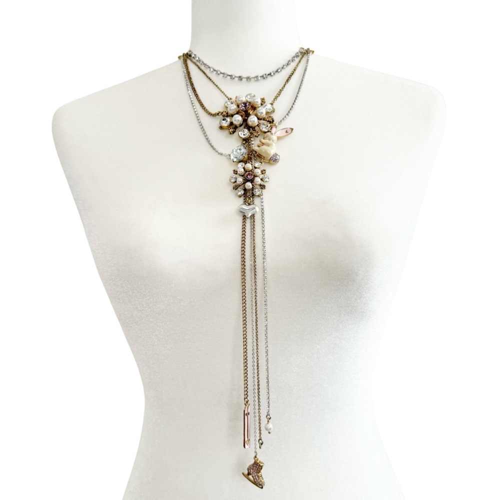 Betsey Johnson Necklace Ski Bunny Charms Rhinestones Layered Vintage Jewelry